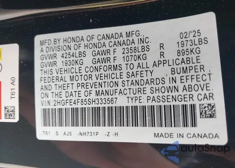 2025 Honda Civic Hybrid Sport/Sport Touring from USA, damaged, VIN 2HGFE4F85SH333567